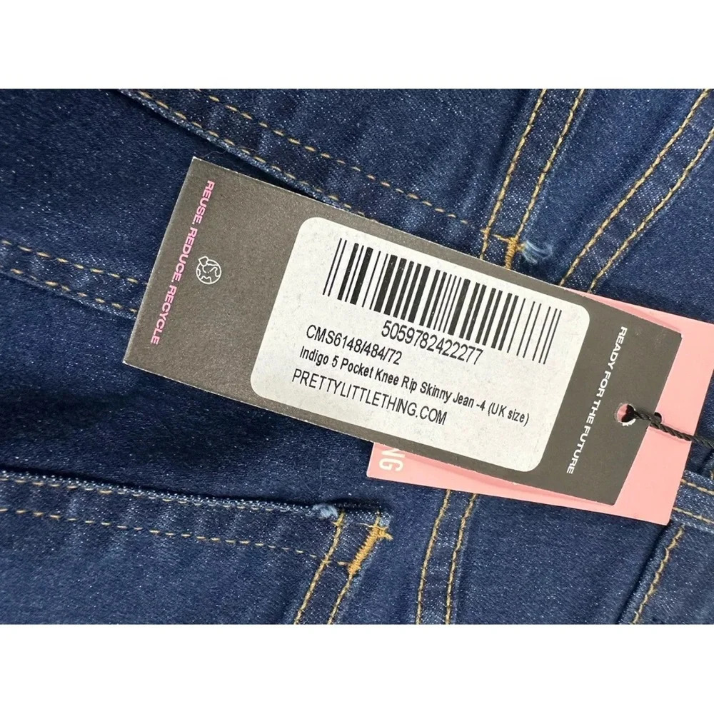 NWT PrettyLittleThing Denim Dark Wash Hi Rise 5 Pocket Skinny Jeans Sz 0 Ripped - Picture 6 of 11